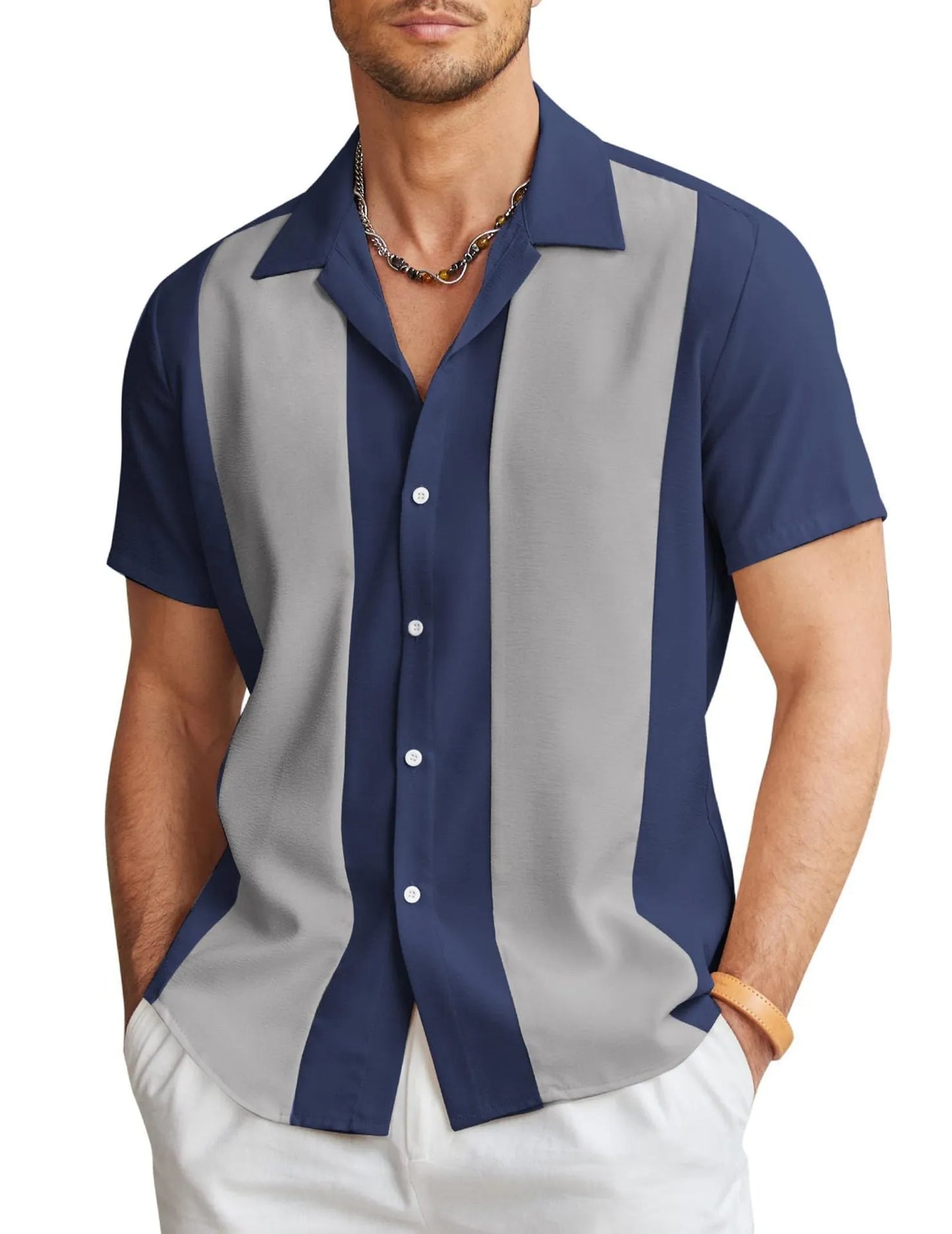 Man wearing a slim fit, short sleeve Hawaiian shirt with a digital print pattern in a casual setting