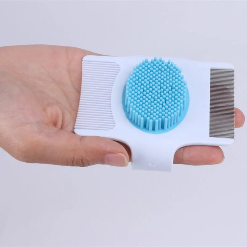 Blue and green multifunctional pet grooming tool with floating hair removal and massage features