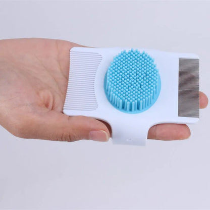 Blue and green multifunctional pet grooming tool with floating hair removal and massage features
