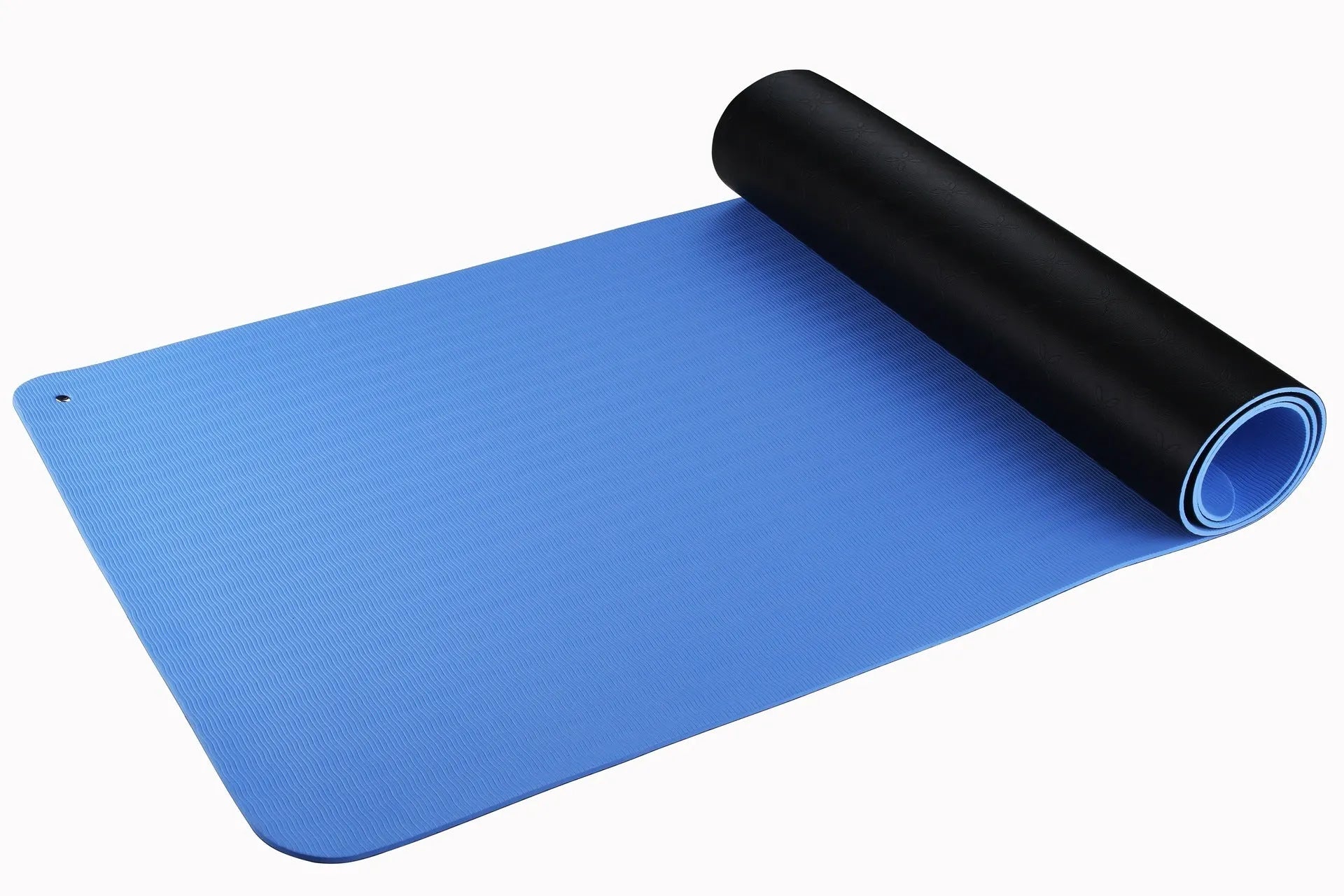 Blue conductive yoga mat with plants pattern, grounding wire, and non-slip surface, showing 182cm length and 5mm thickness.