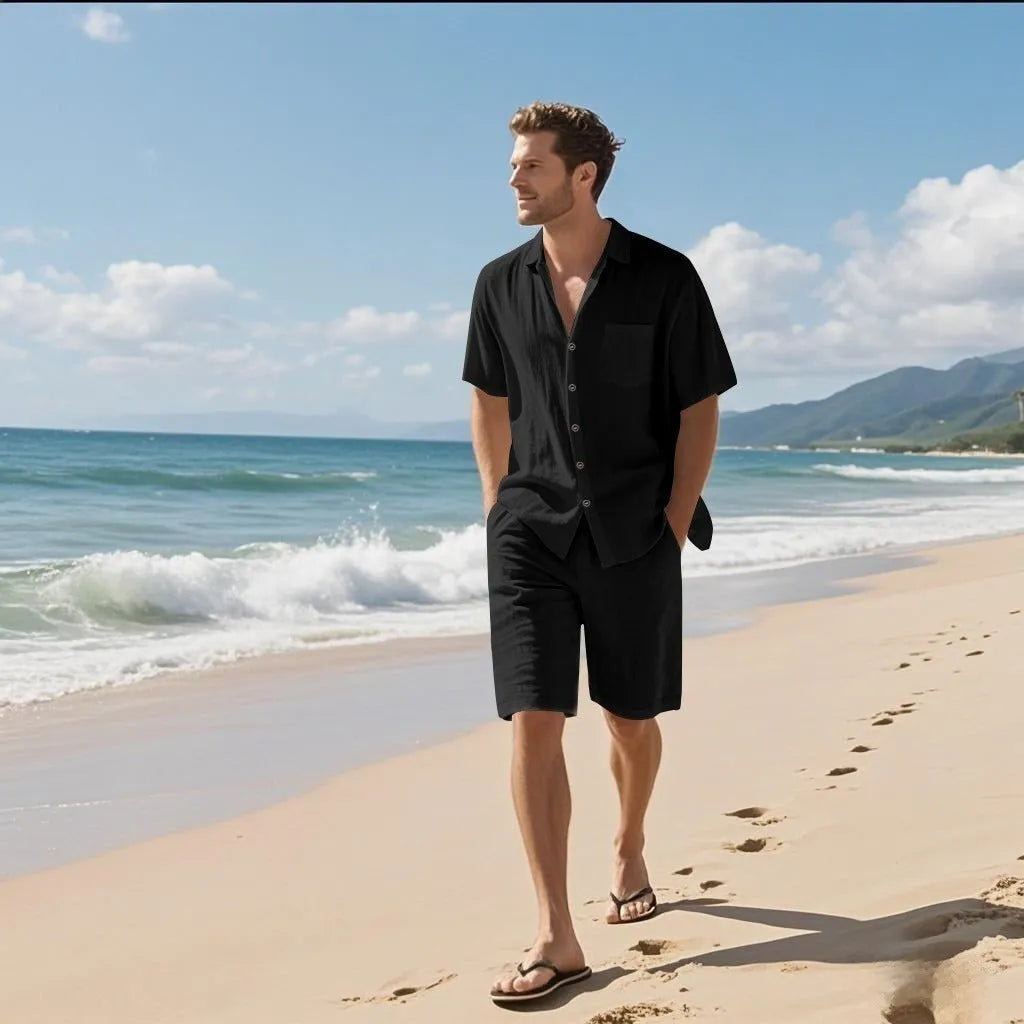 Linen leisure short sleeve shirt and shorts set in hemp blend fabric, available in multiple colours and sizes