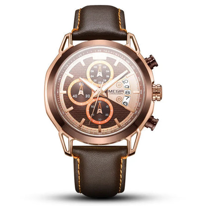 Men's black waterproof luminous quartz watch with leather strap and alloy case