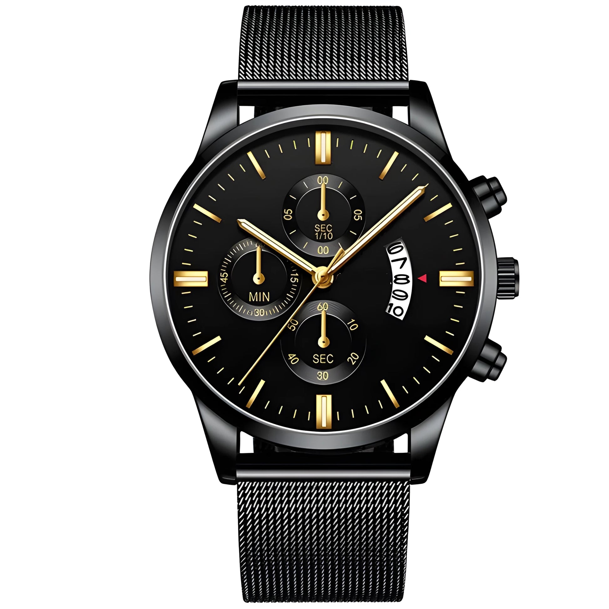 Men's stainless steel mesh band quartz watch with analog dial on a wrist.