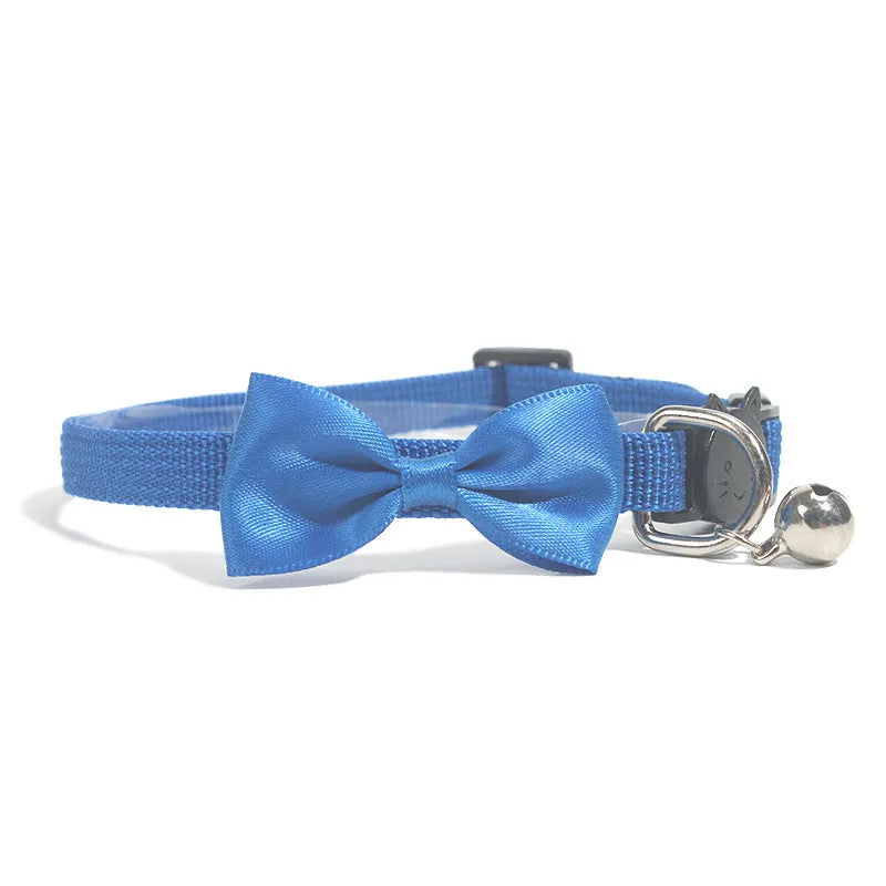 Adjustable nylon cat collar with bell decoration in striped pattern, multiple colour options available