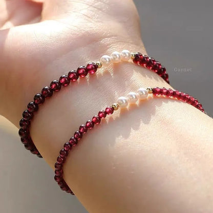 Women's crystal pearl bracelet with Chinese garnet beads in 3mm and 4mm sizes for office fashion wear