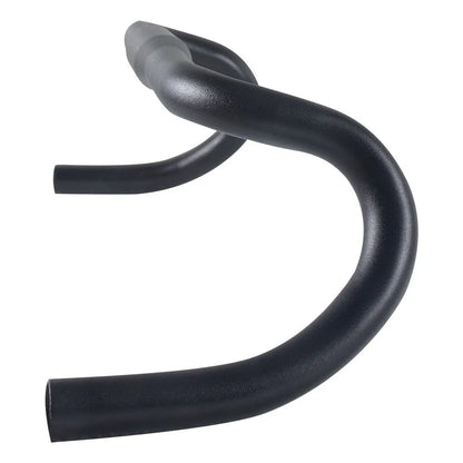 Black aluminium alloy road bike bent handlebar showing 420mm width and 31.8mm clamp area