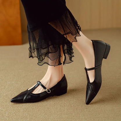 Brown women's pointed toe flat shoes with a round toe and metal detail on a casual cowhide upper.