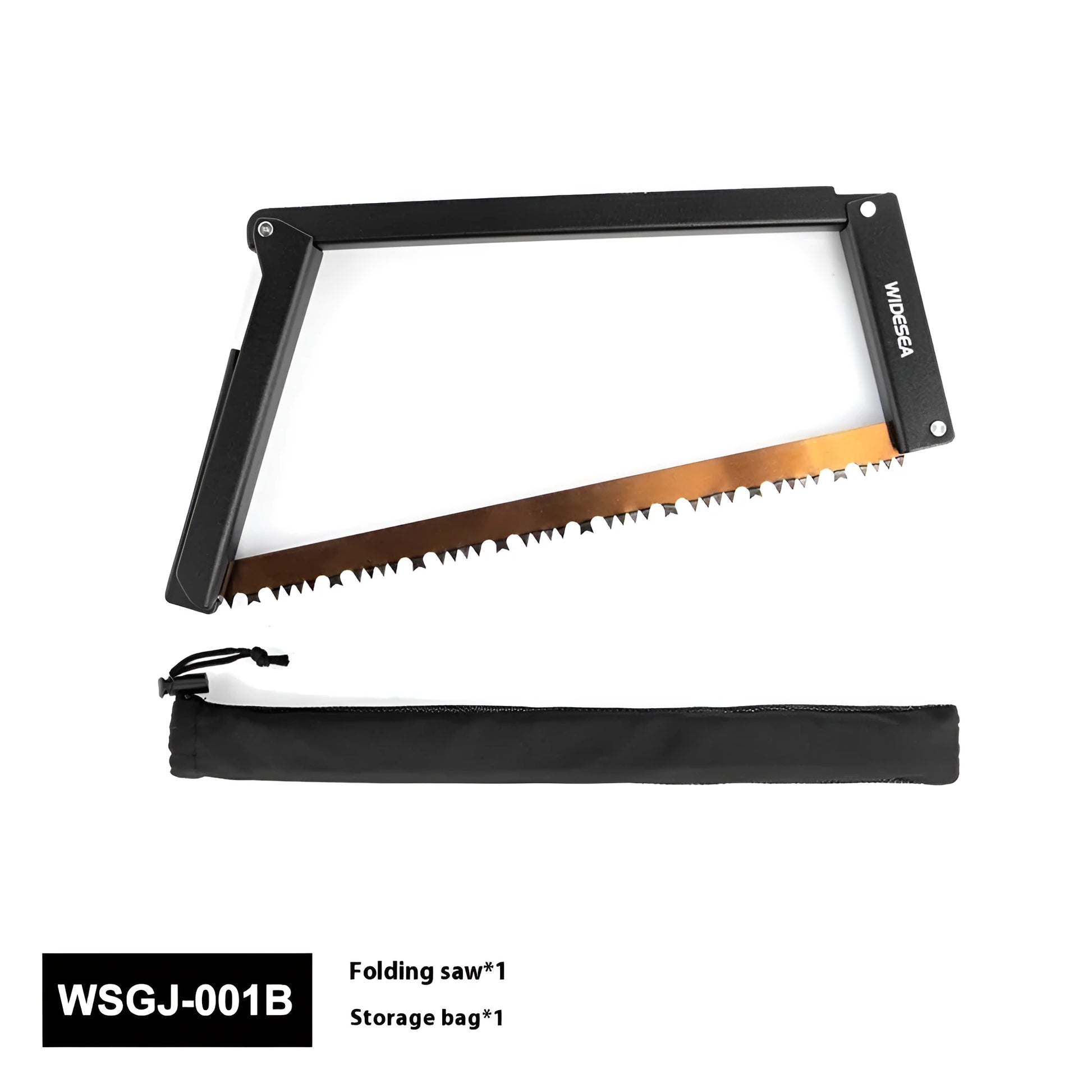 Black foldable outdoor saw with aluminium frame and PA66 nylon handle in open position.