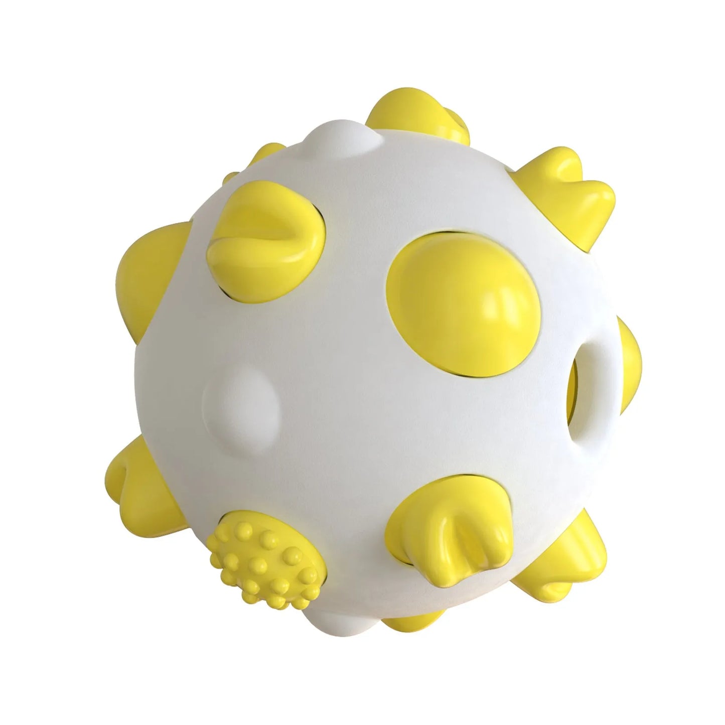 Blue green yellow dog chew ball with textured cleaning bumps and hollow treat-dispensing centre.