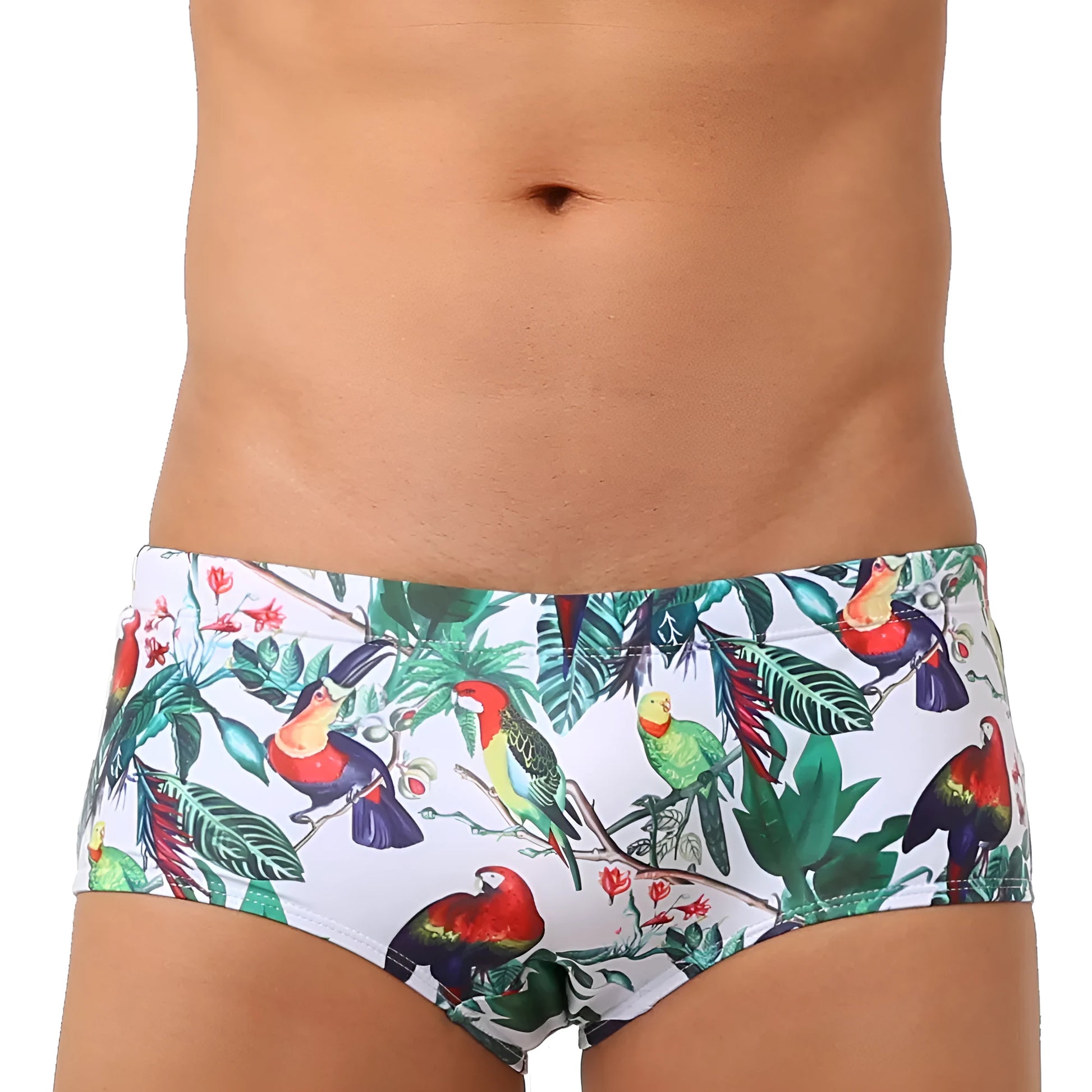 Men's flower-bird print nylon swimming trunks with cup cover in boxer brief style
