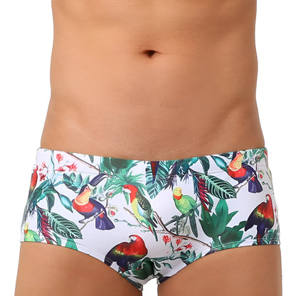 Men's flower-bird print nylon swimming trunks with cup cover in boxer brief style