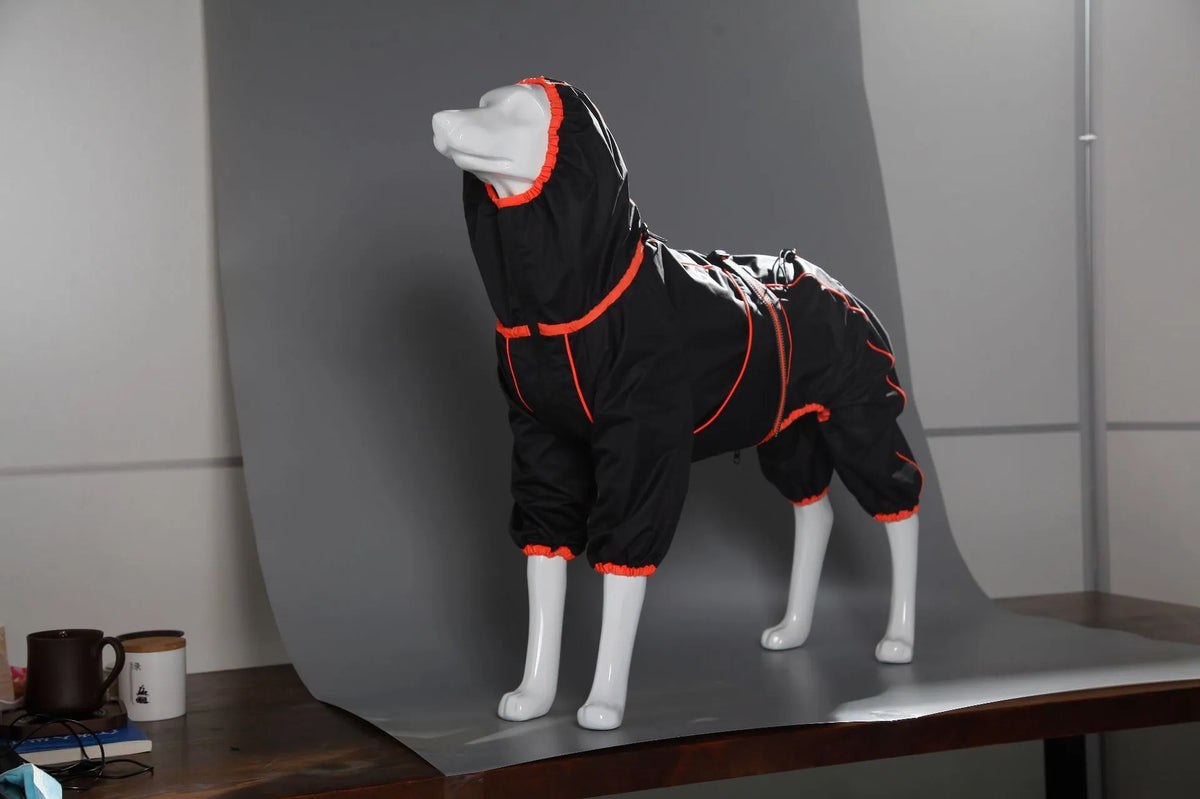 Red polyester dog shell jacket with cotton padding shown on a dog, with sports style design