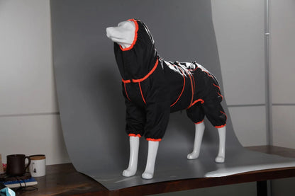 Red polyester dog shell jacket with cotton padding shown on a dog, with sports style design
