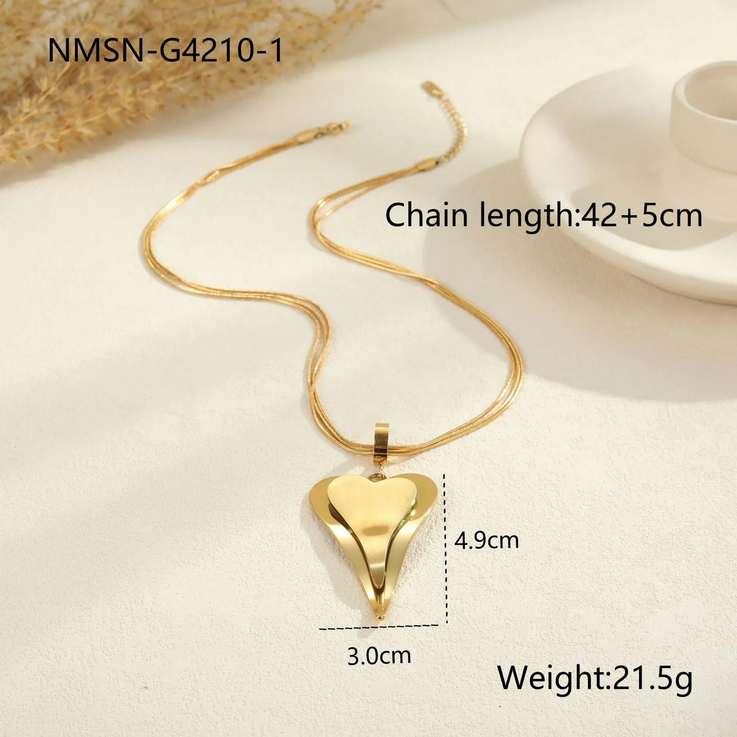 Stainless steel geometric necklace with double heart snake bones pendant in gold or steel colour