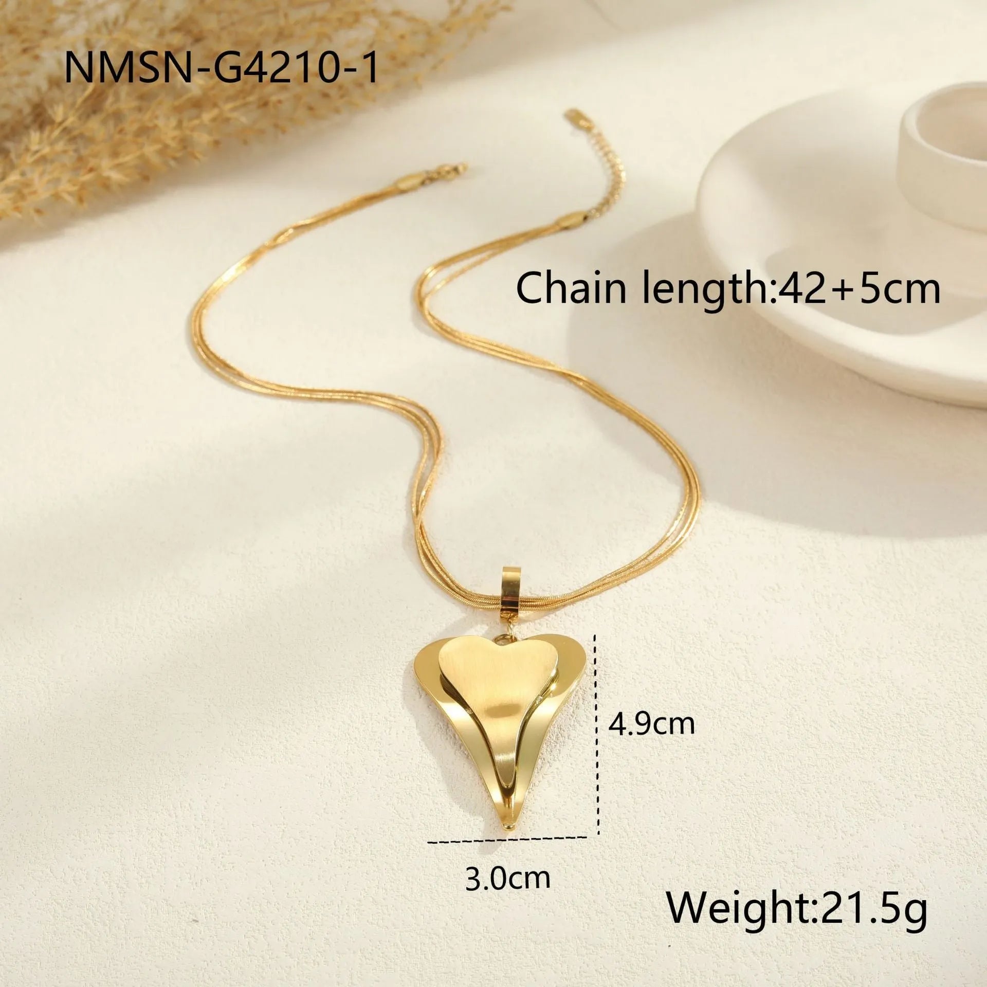 Stainless steel geometric necklace with double heart snake bones pendant in gold or steel colour