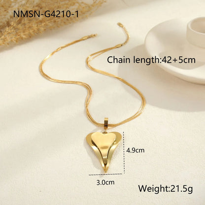 Stainless steel geometric necklace with double heart snake bones pendant in gold or steel colour