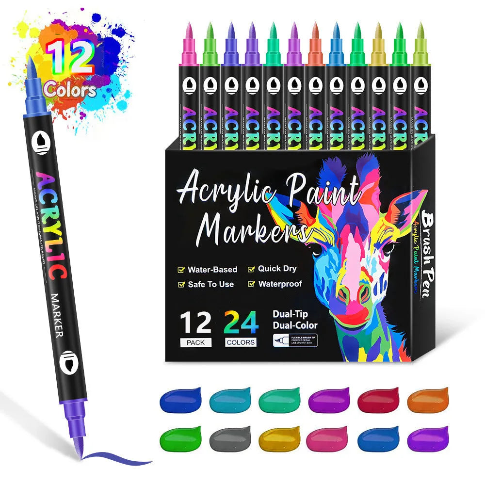 Set of double-ended acrylic marker pens showing fine tip and broad chisel tip on each pen.
