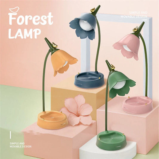 360-degree rotatable LED desk lamp with wireless charging in yellow, blue, pink, and green
