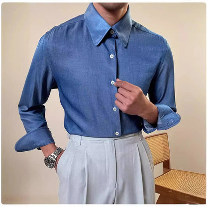 Men's round collar long sleeve shirt in slim fit available in sky blue and denim blue colours
