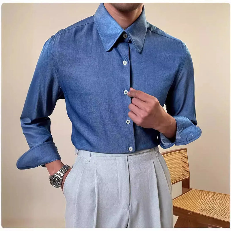 Round collar long sleeve shirt for men in chemical fibre blend fabric with slim fit styling and available in sky blue and denim blue colour options across M, L, XL, 2XL, and 3XL sizes