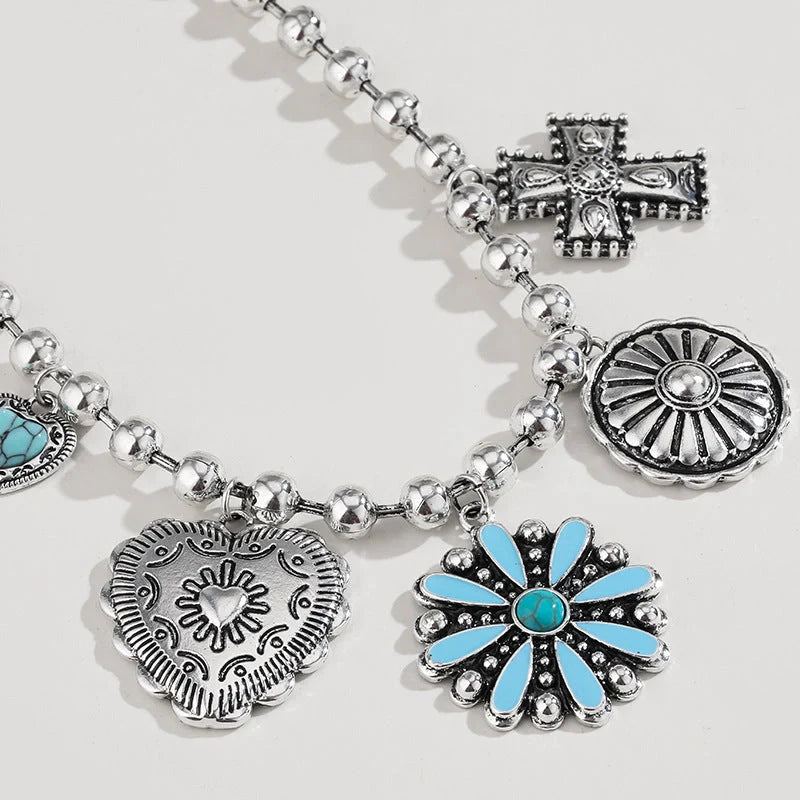 Elegant turquoise and cross-patterned personalized necklace set with vintage-inspired design