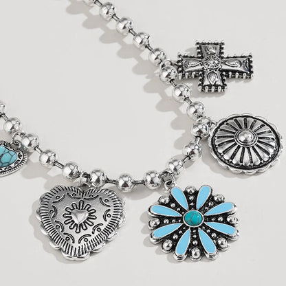 Elegant turquoise and cross-patterned personalized necklace set with vintage-inspired design