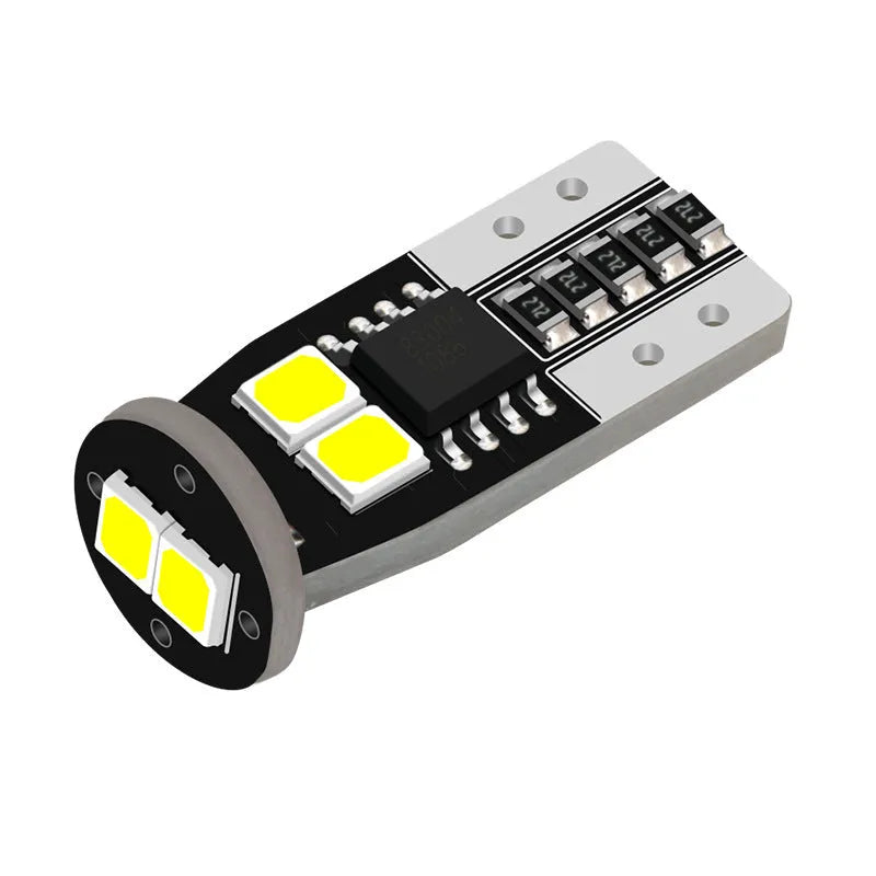 Small white LED car licence plate light with fibre glass board, shown at 10mm size.