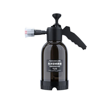 Black hand-held 2 litre foam sprayer with pump lever and two nozzles for car washing and garden use.