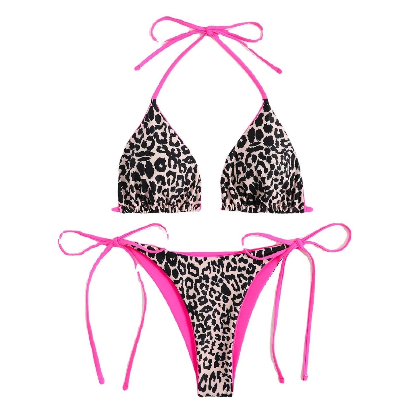 Women's lace-up triangle split bikini swimsuit set in polyester fabric