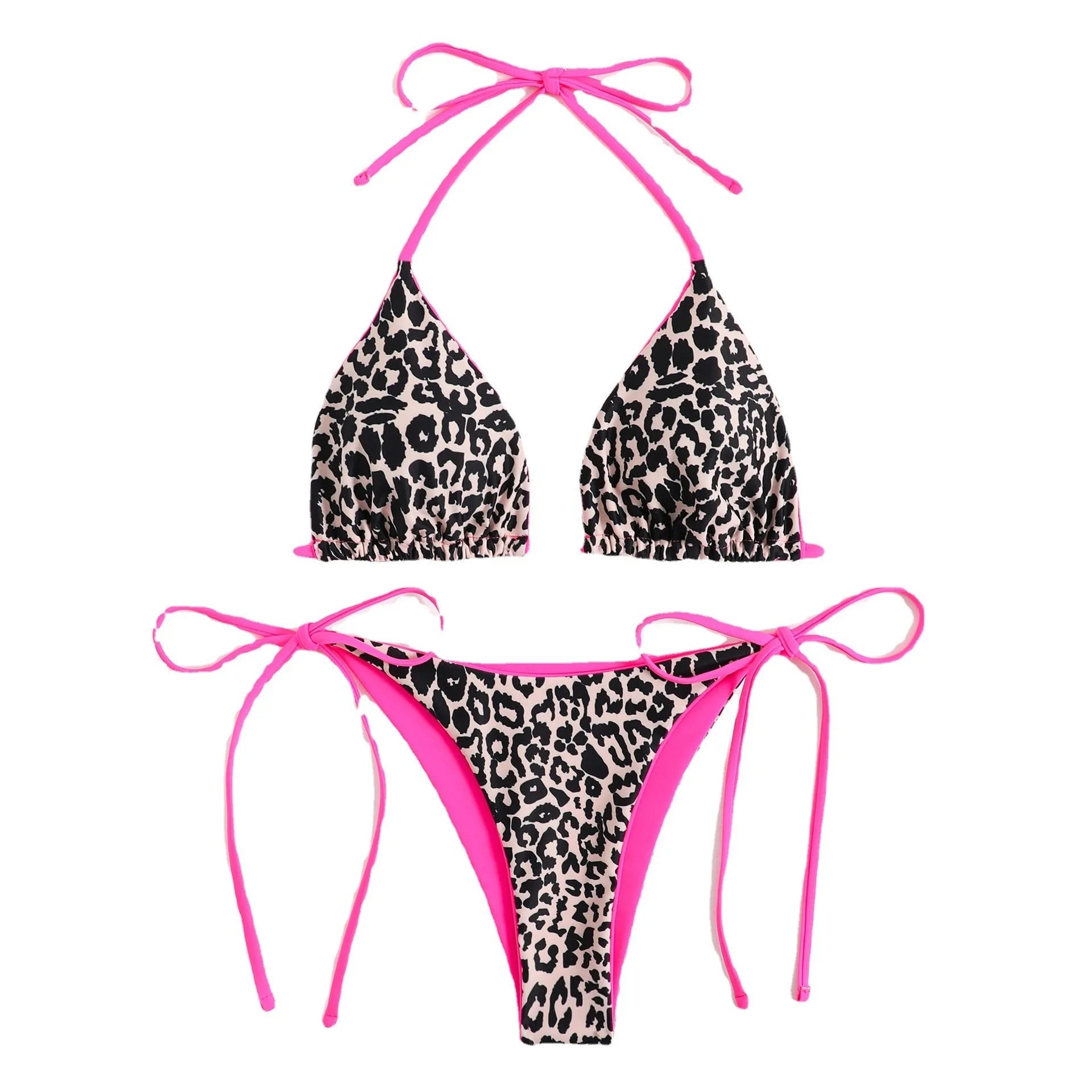 Women's lace-up triangle split bikini swimsuit set in polyester fabric