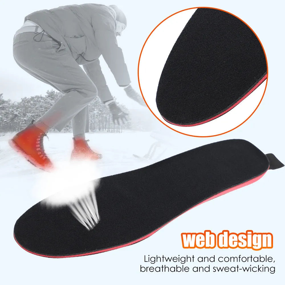 Rechargeable heated boot insoles with remote control and cable, shown on a white background.