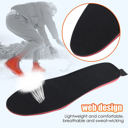 Rechargeable heated boot insoles with remote control and cable, shown on a white background.