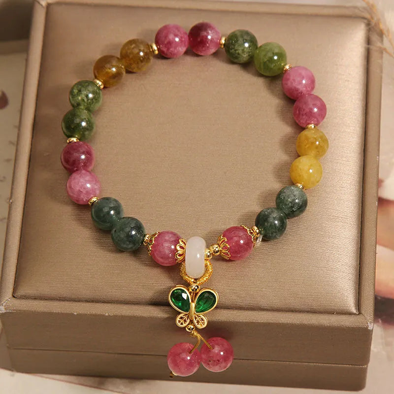 Colourful butterfly pendant tourmaline bracelet with natural jade stones and rhinestone decoration on alloy setting