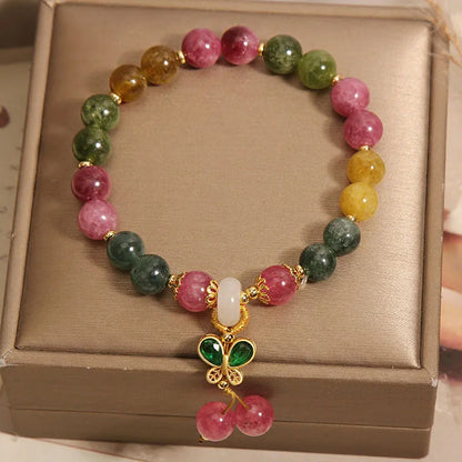 Colourful butterfly pendant tourmaline bracelet with natural jade stones and rhinestone decoration on alloy setting