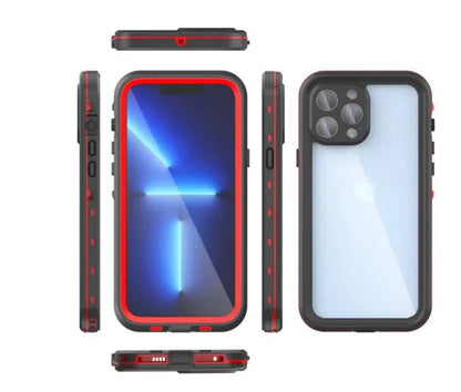 FREDPEPPER IP68 waterproof shockproof iPhone case in black blue or red colours showing front and back views
