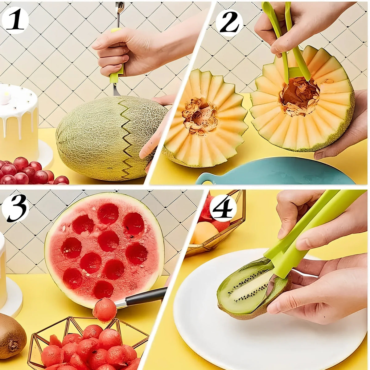 Stackable fruit tool set showing melon baller, V-shaped carver, and dual scoops in 24cm compact design