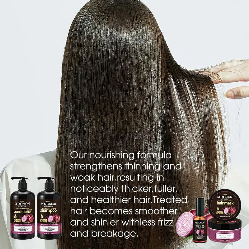 Red onion shampoo conditioner suit with red onion hair mask 250ml and red onion essential oil 50ml in a full set of four pieces for moisturising, nourishing, and hair dye protection, designed for general use to relieve head itch and improve curly hair