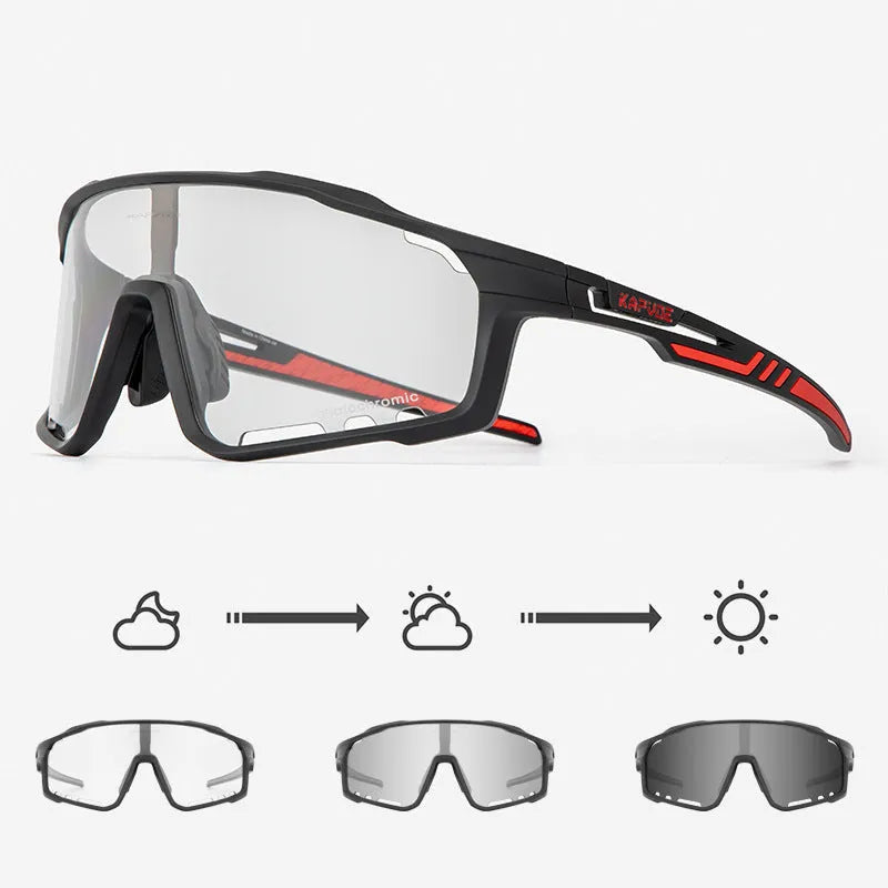 Photochromic cycling sunglasses with TR90 frame in semi-rimless unisex style on a solid colour background.