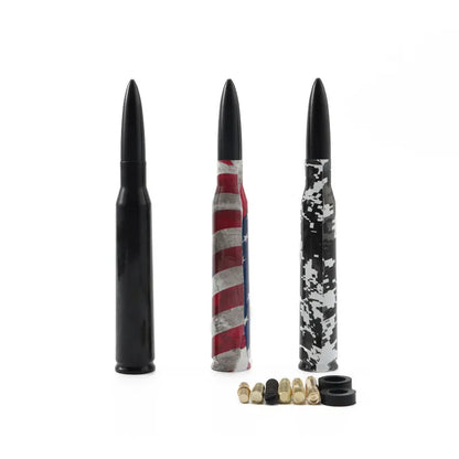 14cm long bullet car antenna shown in colour black, camouflage green, and American flag designs.