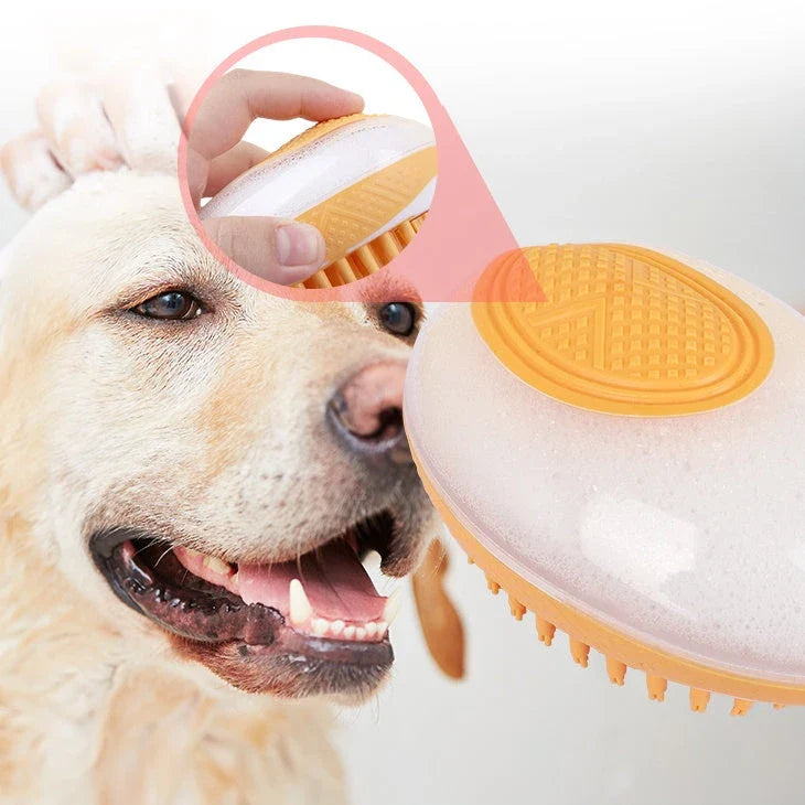 2-in-1 pet grooming brush with soft silicone bristles, shampoo reservoir, and ergonomic grip for bathing and massaging cats and dogs