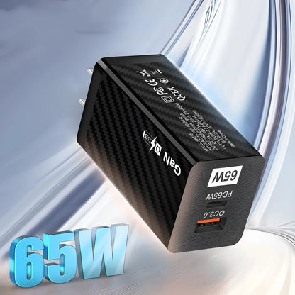 Compact white 65W Gallium Nitride USB-PD laptop charger with plug