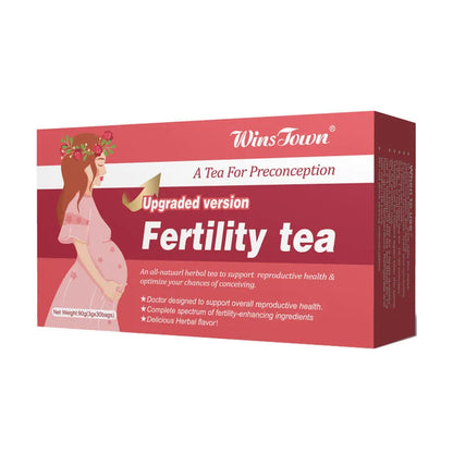 Box of Fertility Tea containing three packs of thirty herbal tea bags each.