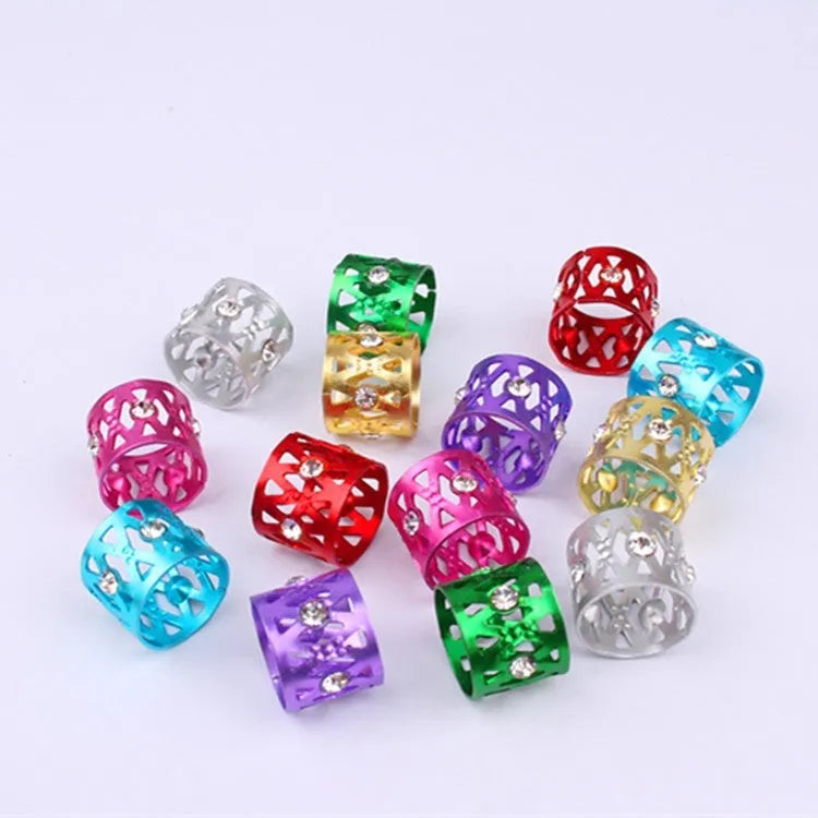 Aluminium hair ring wig decoration in mixed colours showing crown and heart shape designs
