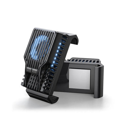 Black mobile phone cooling clip attached to a smartphone, showing aluminium alloy and ceramic construction
