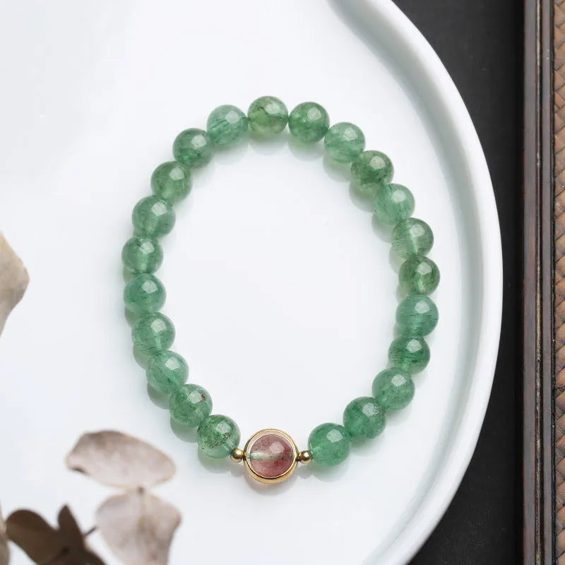 Green strawberry quartz crystal bracelet with geometric design and auspicious patterns