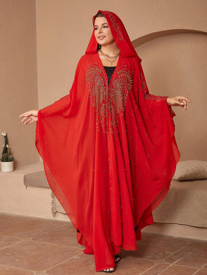 Purple chiffon Muslim style shawl with rhinestone beaded trim laid flat showing its long length.