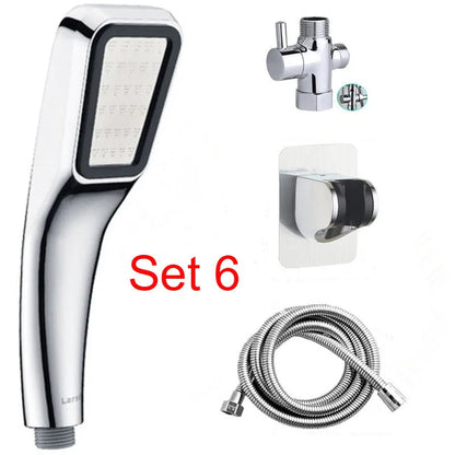Orange hand-held pressurised shower head with rain function and attachment pieces