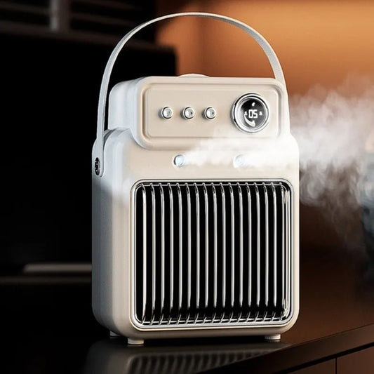 White 1200W room heater with humidifier measuring 19cm by 25cm, showing control panel with temperature and mist settings