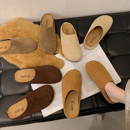 Korean-style flat outdoor slippers in apricot colour with square toe design and slip-on style