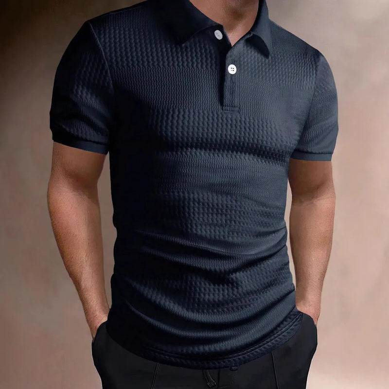 Men's polo shirt striped business casual short sleeve loose fit asymmetric design in polyester fibre fabric available in black white khaki light blue and navy blue sizes S M L XL XXL summer leisure wear